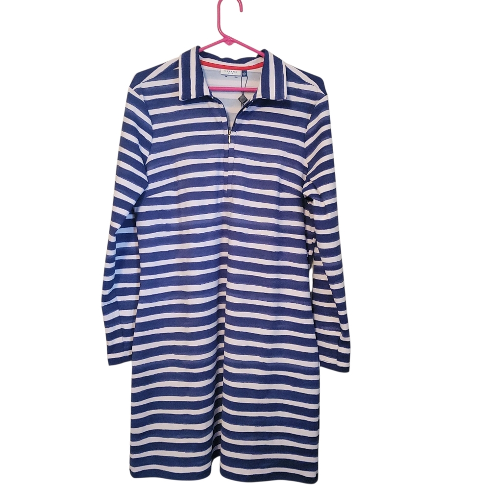 NWT Cabana Life UPF 50+ Collared 1/4 Zip Striped Dress Blue White L - Picture 3 of 9